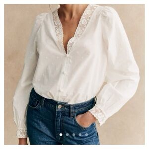 Sezane size 42 (US 10) White Lace-Trim V-Neck Blouse, like new